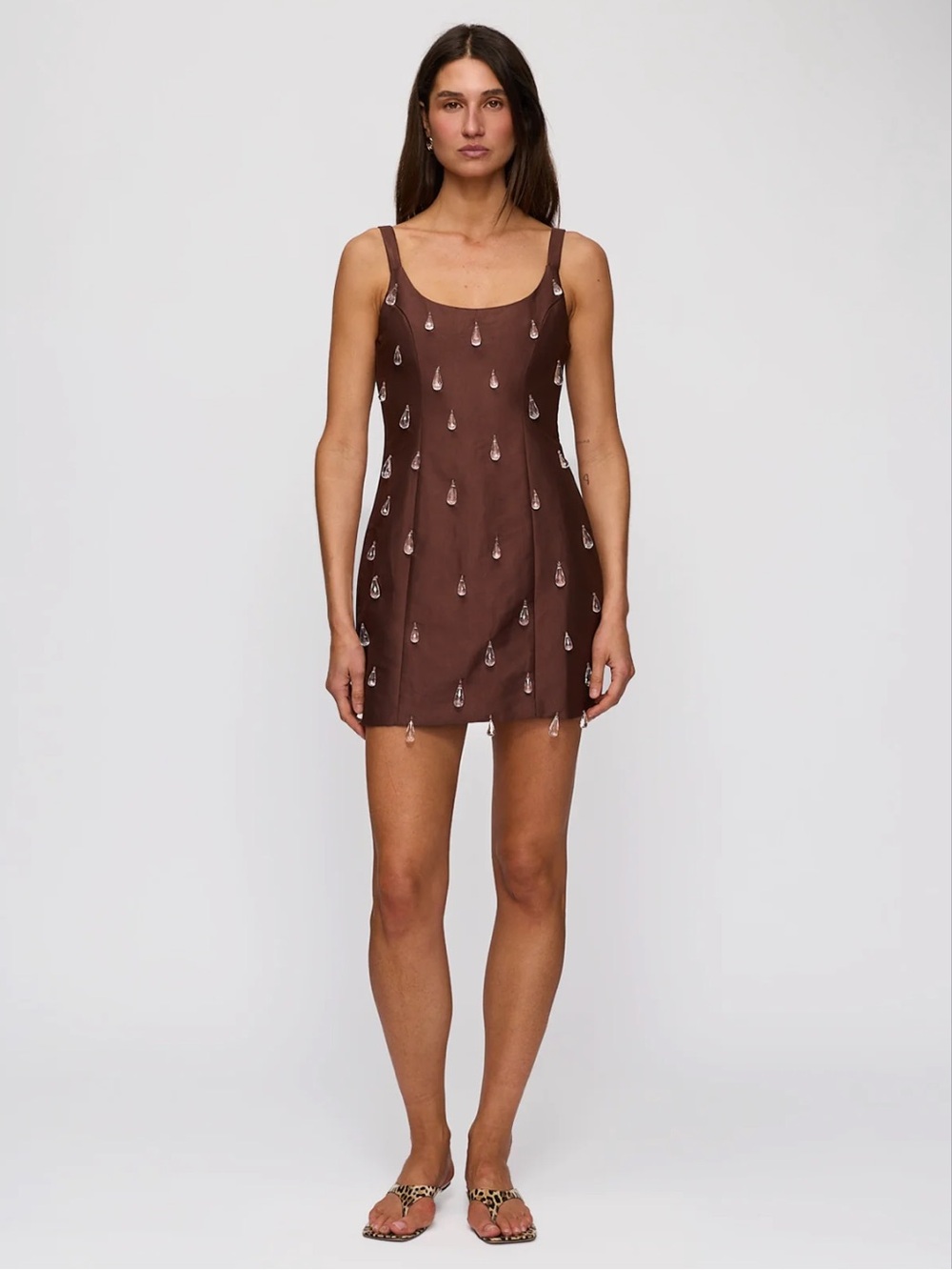 Embellished Chocolate Brown Mini Slip Dress